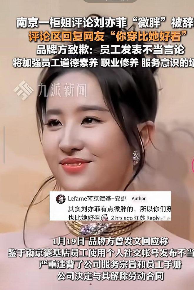 哭麻！南京一柜姐用账号评论刘亦菲微胖被辞退品牌方道歉(图5)